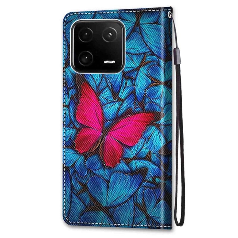 Capa Flip Para Xiaomi 13 Pro Borboleta Vermelha Fundo Azul
