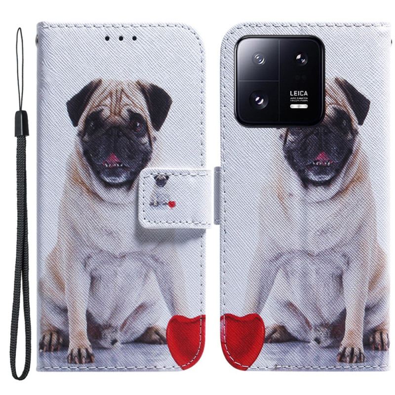 Capa Flip Para Xiaomi 13 Pro De Cordão Cão Pug Com Cordão