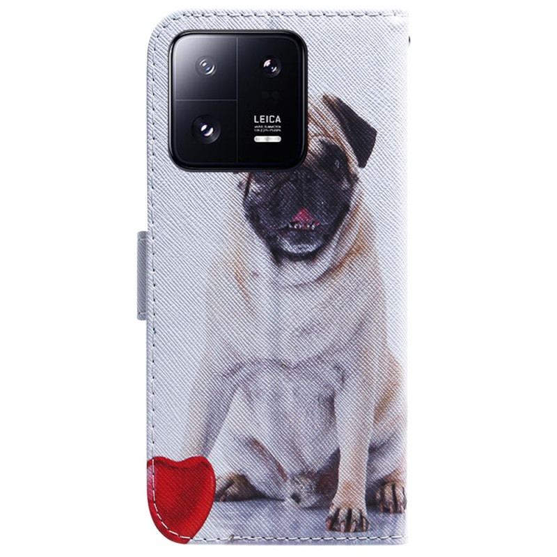 Capa Flip Para Xiaomi 13 Pro De Cordão Cão Pug Com Cordão