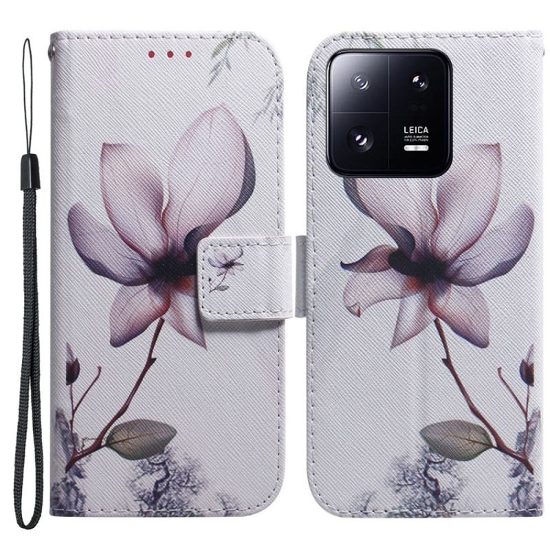 Capa Flip Para Xiaomi 13 Pro De Cordão Flor De Rosa Com Tiras