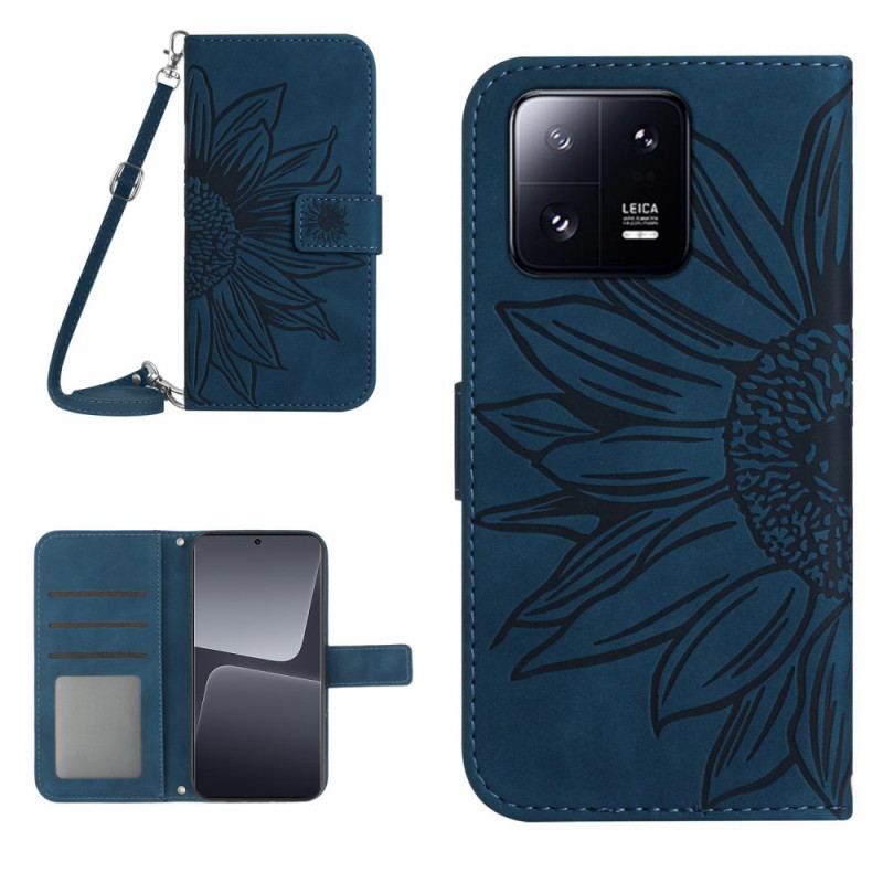 Capa Folio Para Xiaomi 13 Pro Flor Com Alça De Ombro
