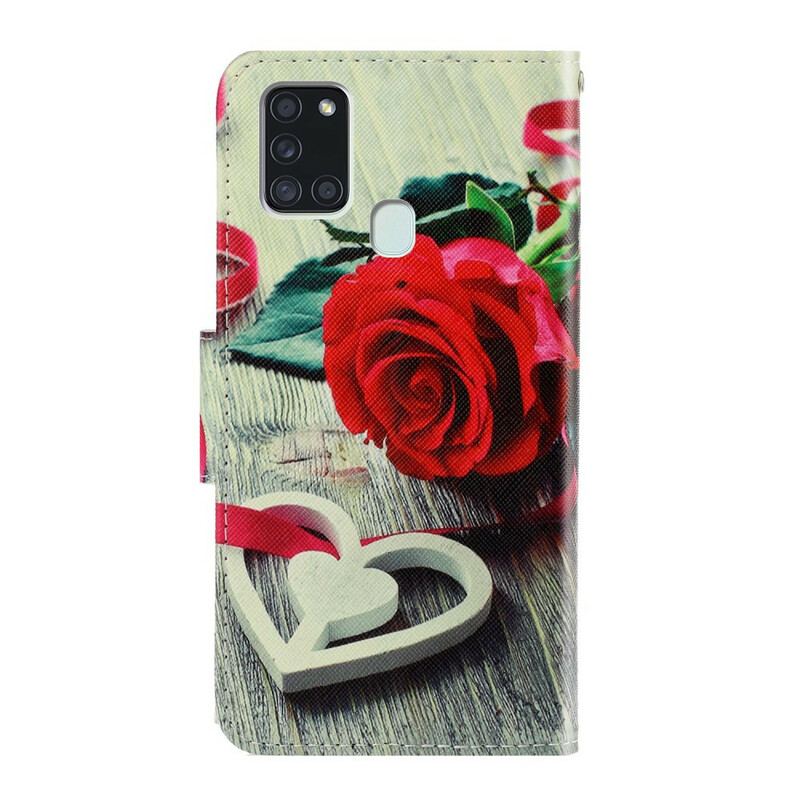 Capa De Couro Para Samsung Galaxy A21s De Cordão Flores Coloridas Com Tiras