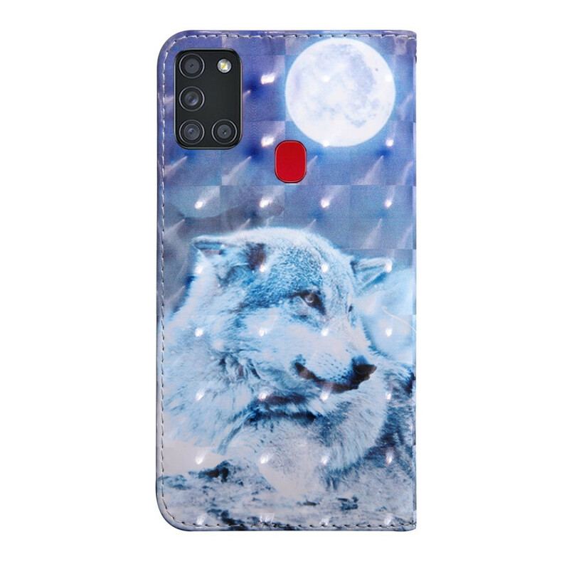 Capa Em Pele Para Samsung Galaxy A21s Lobo Ao Luar