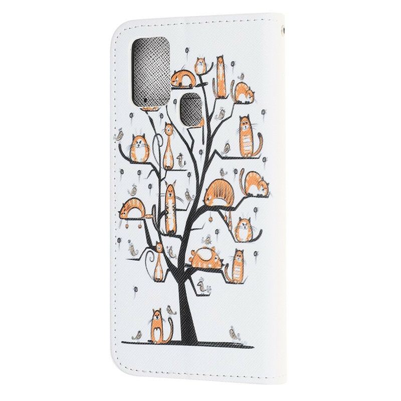 Capa Flip Para Samsung Galaxy A21s De Cordão Gatos Divertidos Com Alça