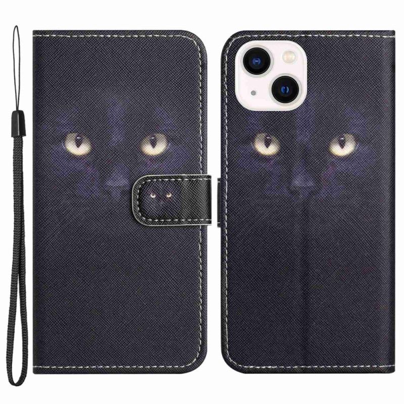 Capa De Couro Para iPhone 14 Plus De Cordão Gato Preto Com Alça