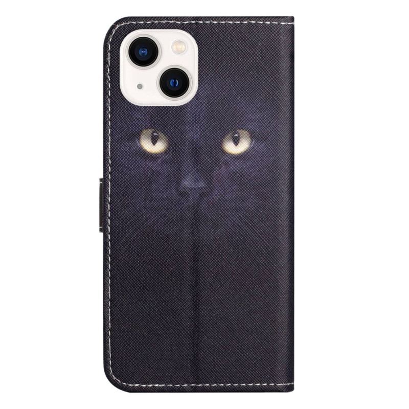 Capa De Couro Para iPhone 14 Plus De Cordão Gato Preto Com Alça