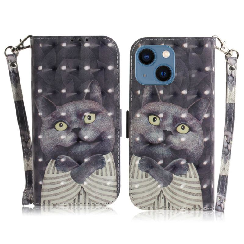 Capa De Couro Para iPhone 14 Plus De Cordão Gatos Tangas
