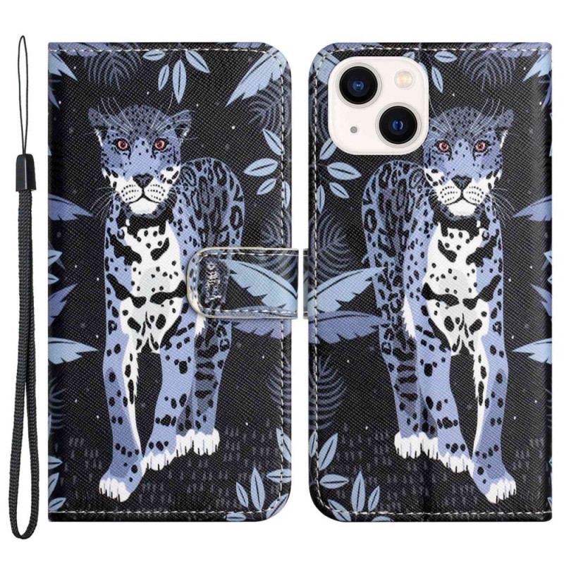 Capa De Couro Para iPhone 14 Plus De Cordão Leopardo Strappy