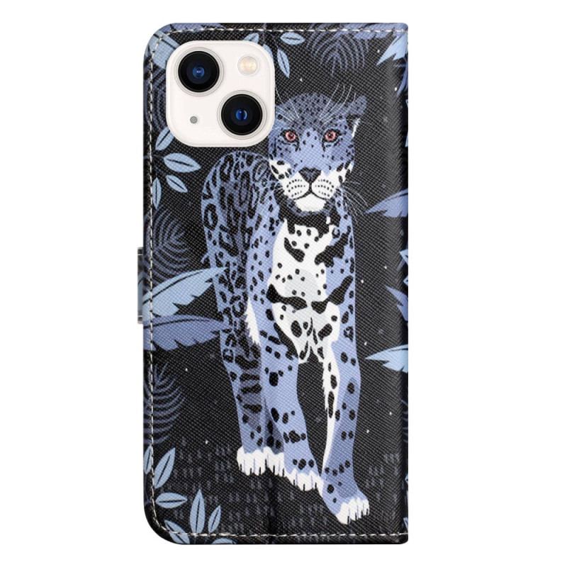Capa De Couro Para iPhone 14 Plus De Cordão Leopardo Strappy