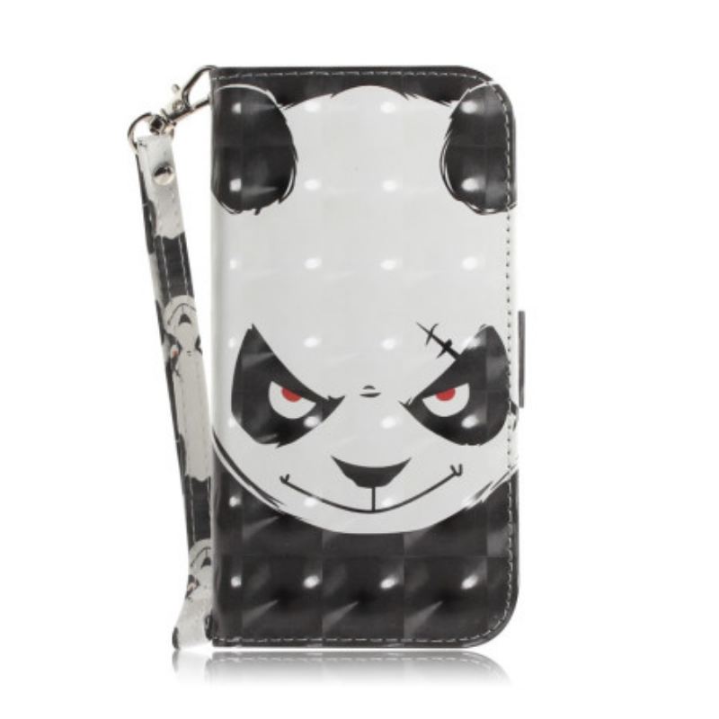 Capa De Couro Para iPhone 14 Plus De Cordão Panda Irritado Com Cordão