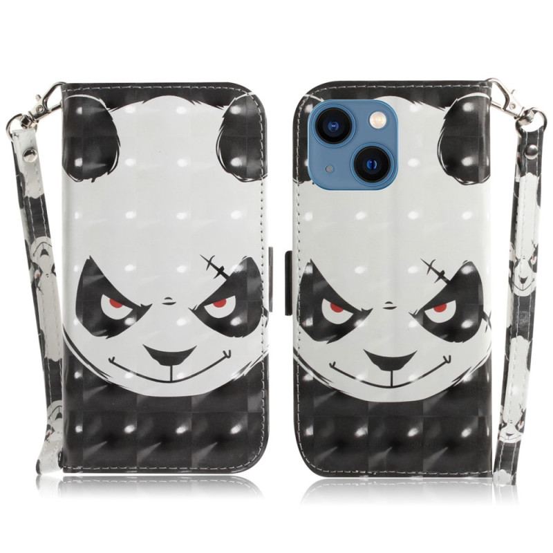 Capa De Couro Para iPhone 14 Plus De Cordão Panda Irritado Com Cordão