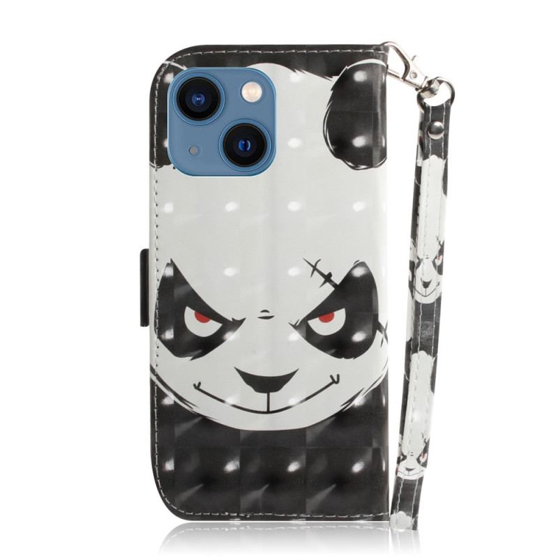 Capa De Couro Para iPhone 14 Plus De Cordão Panda Irritado Com Cordão