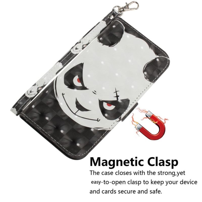 Capa De Couro Para iPhone 14 Plus De Cordão Panda Irritado Com Cordão
