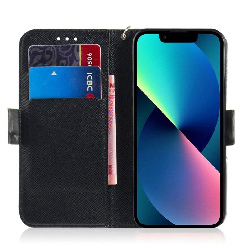 Capa De Couro Para iPhone 14 Plus De Cordão Panda Irritado Com Cordão