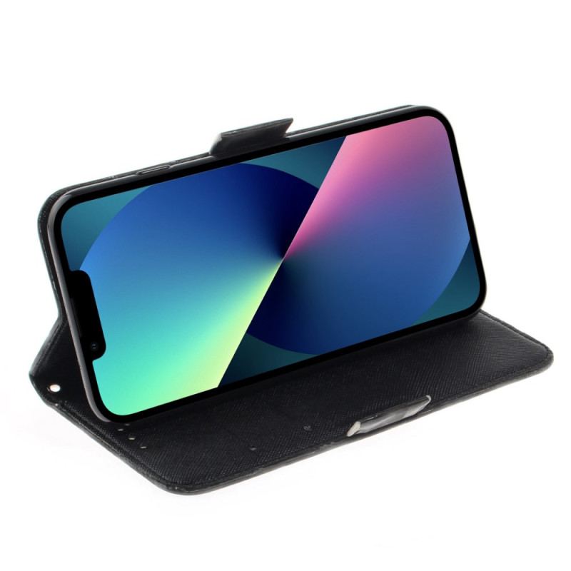 Capa De Couro Para iPhone 14 Plus De Cordão Panda Irritado Com Cordão