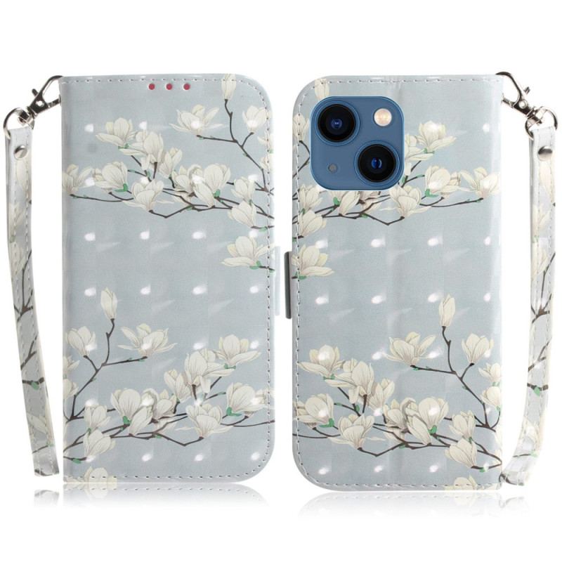 Capa De Couro Para iPhone 14 Plus De Cordão Ramos De Flor De Alça