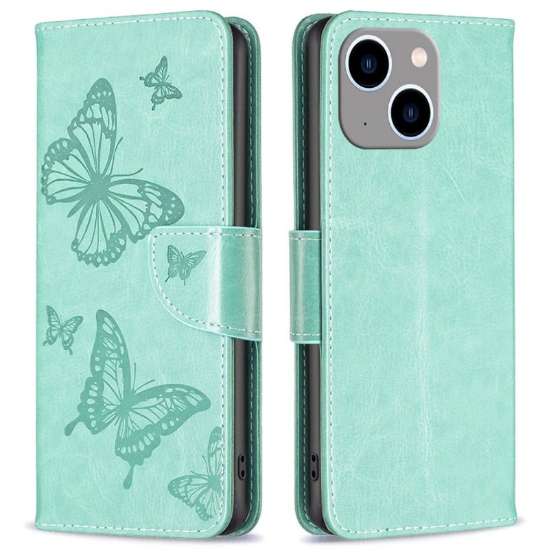 Capa Em Pele Para iPhone 14 Plus De Cordão Strappy Estampado Borboletas