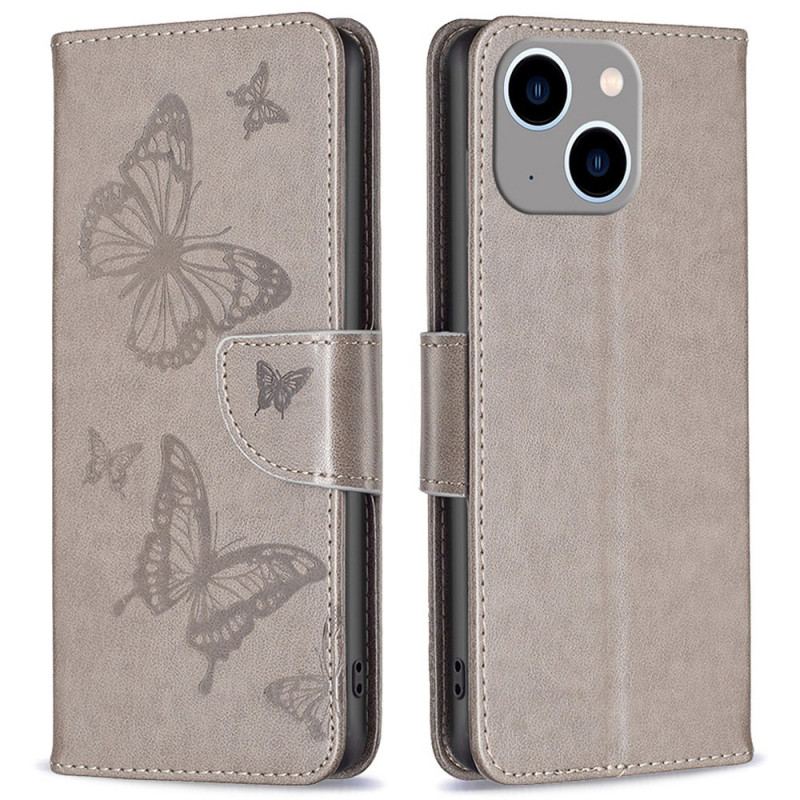 Capa Em Pele Para iPhone 14 Plus De Cordão Strappy Estampado Borboletas