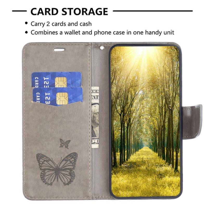 Capa Em Pele Para iPhone 14 Plus De Cordão Strappy Estampado Borboletas
