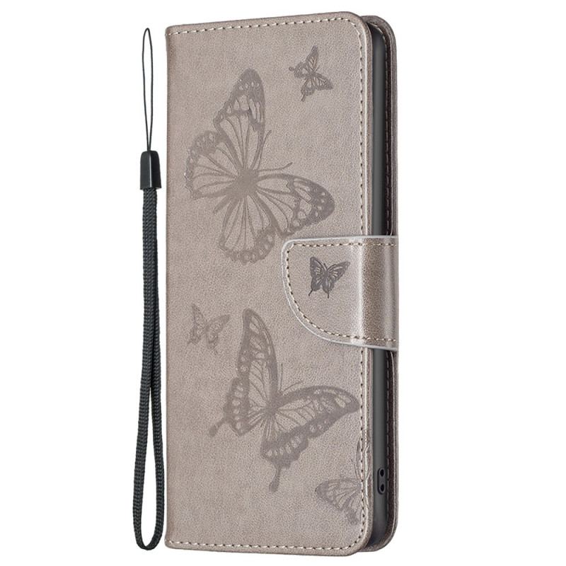 Capa Em Pele Para iPhone 14 Plus De Cordão Strappy Estampado Borboletas