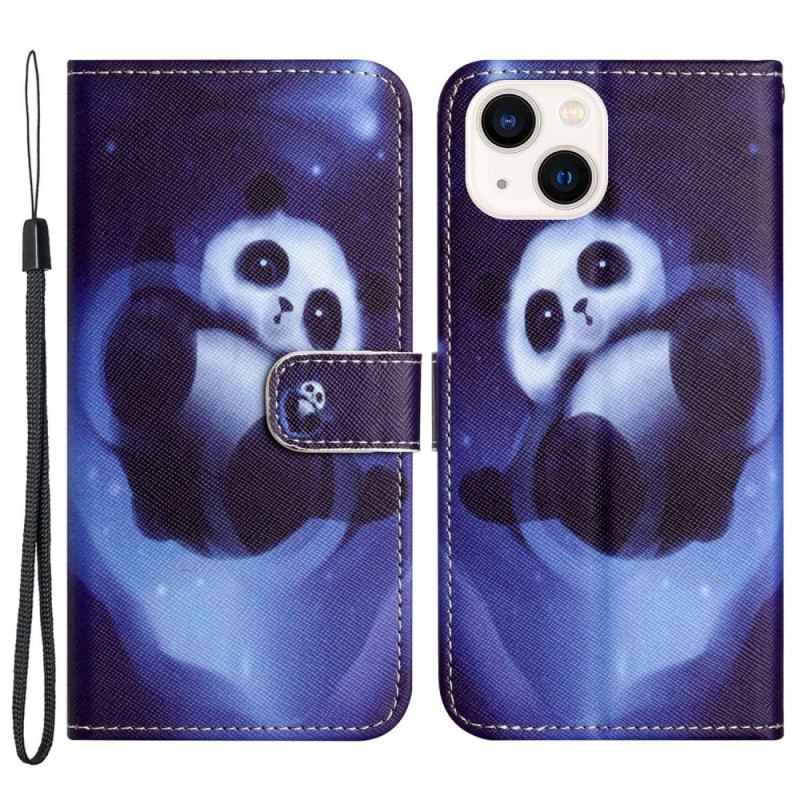 Capa Flip Para iPhone 14 Plus De Cordão Panda No Espaço Com Cordão