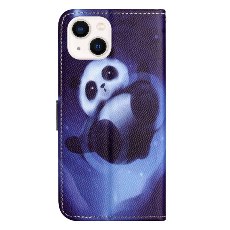 Capa Flip Para iPhone 14 Plus De Cordão Panda No Espaço Com Cordão