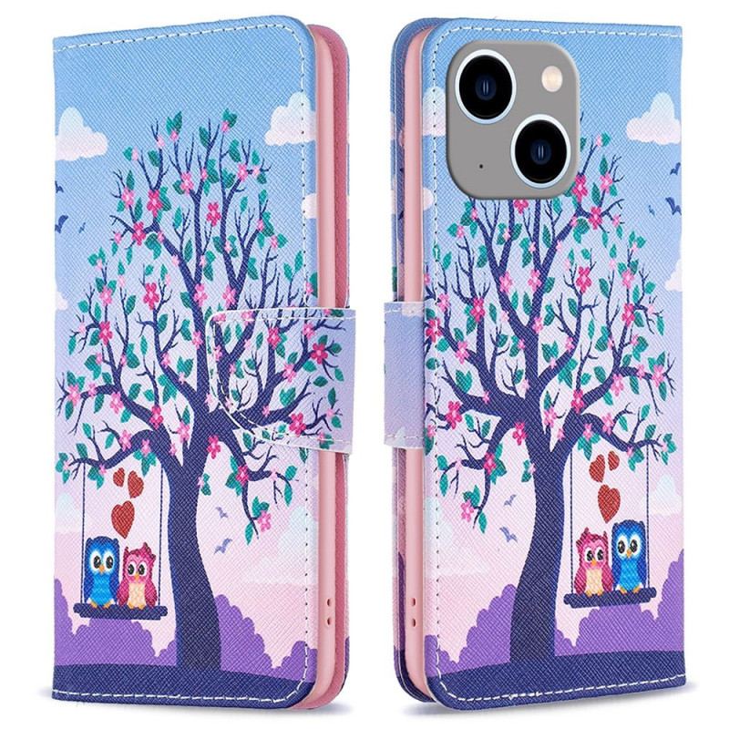 Capa Flip Para iPhone 14 Plus Corujas No Balanço
