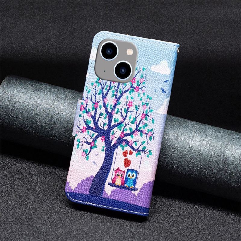 Capa Flip Para iPhone 14 Plus Corujas No Balanço