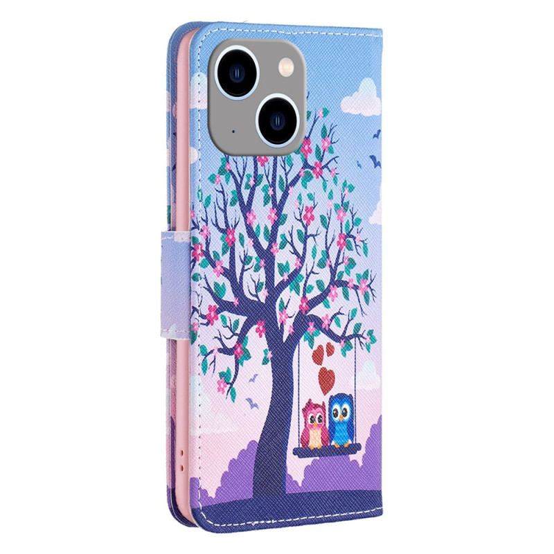 Capa Flip Para iPhone 14 Plus Corujas No Balanço