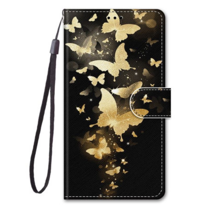 Capa De Couro Para Xiaomi 12 / 12X De Cordão Borboletas Douradas Com Alça
