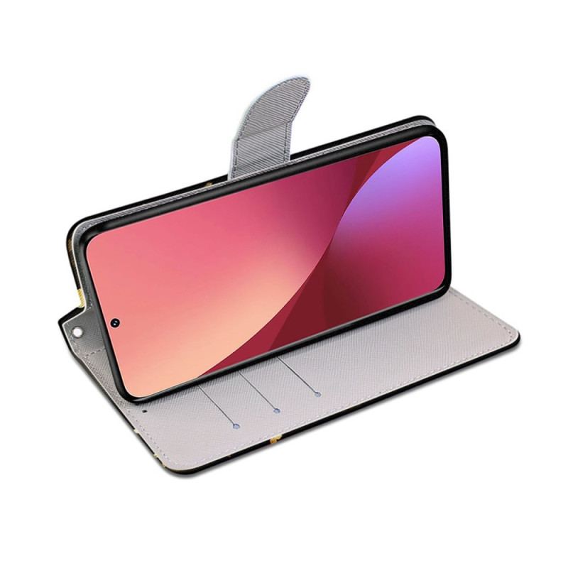 Capa De Couro Para Xiaomi 12 / 12X De Cordão Borboletas Douradas Com Alça
