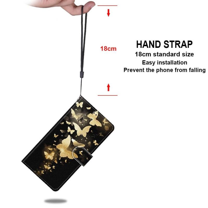 Capa De Couro Para Xiaomi 12 / 12X De Cordão Borboletas Douradas Com Alça
