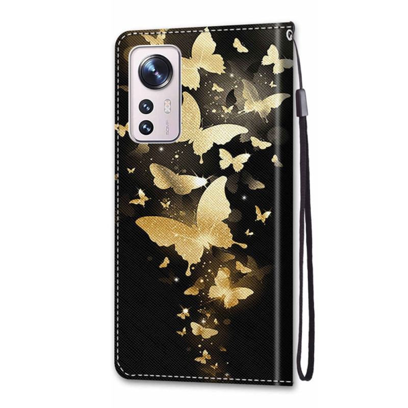 Capa De Couro Para Xiaomi 12 / 12X De Cordão Borboletas Douradas Com Alça