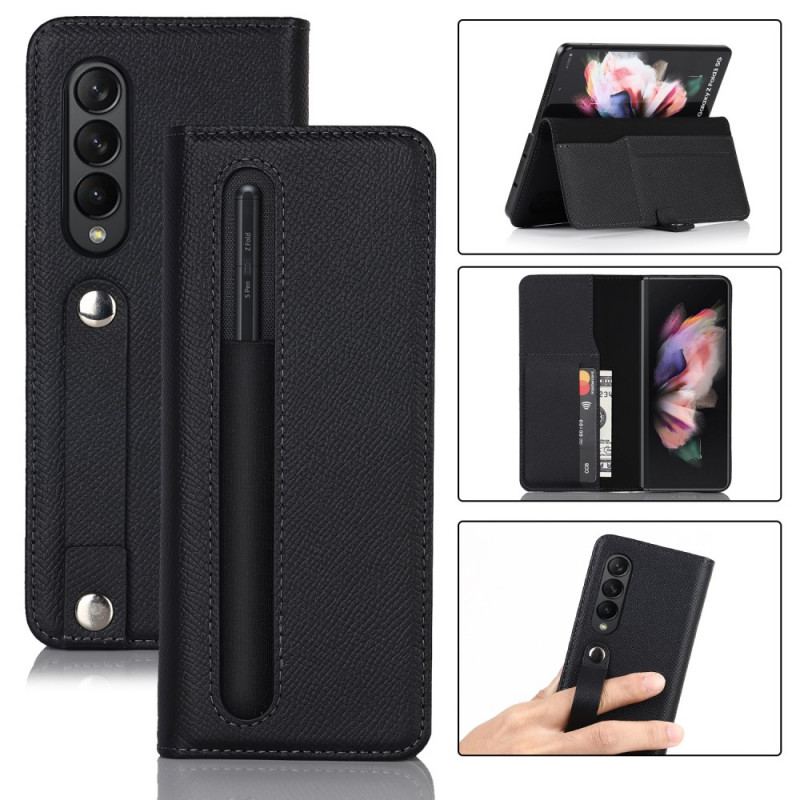 Capa Folio Para Samsung Galaxy Z Fold 3 5G Porta Caneta E Alça De Couro Genuíno
