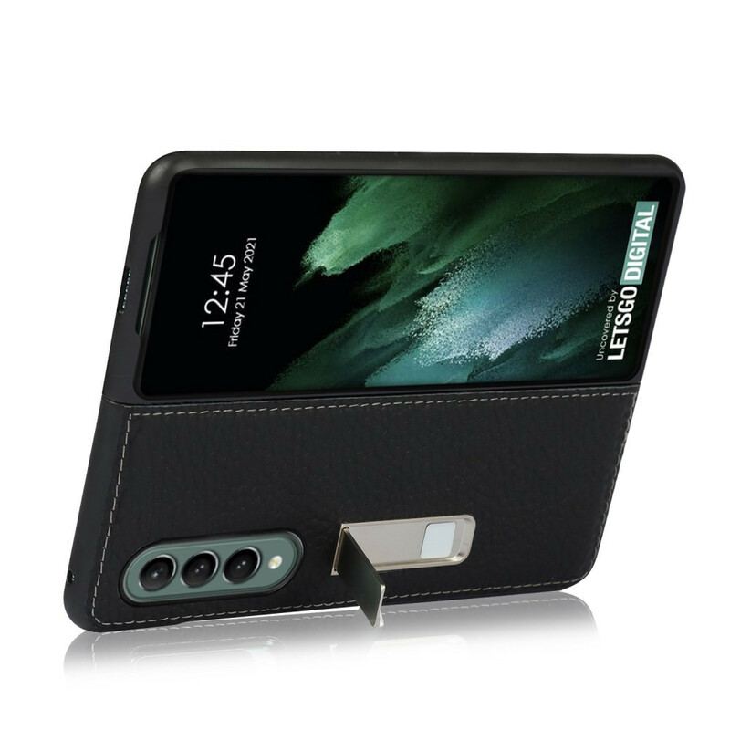 Capa Para Samsung Galaxy Z Fold 3 5G Suporte Mãos Livres De Couro De Lichia Genuíno