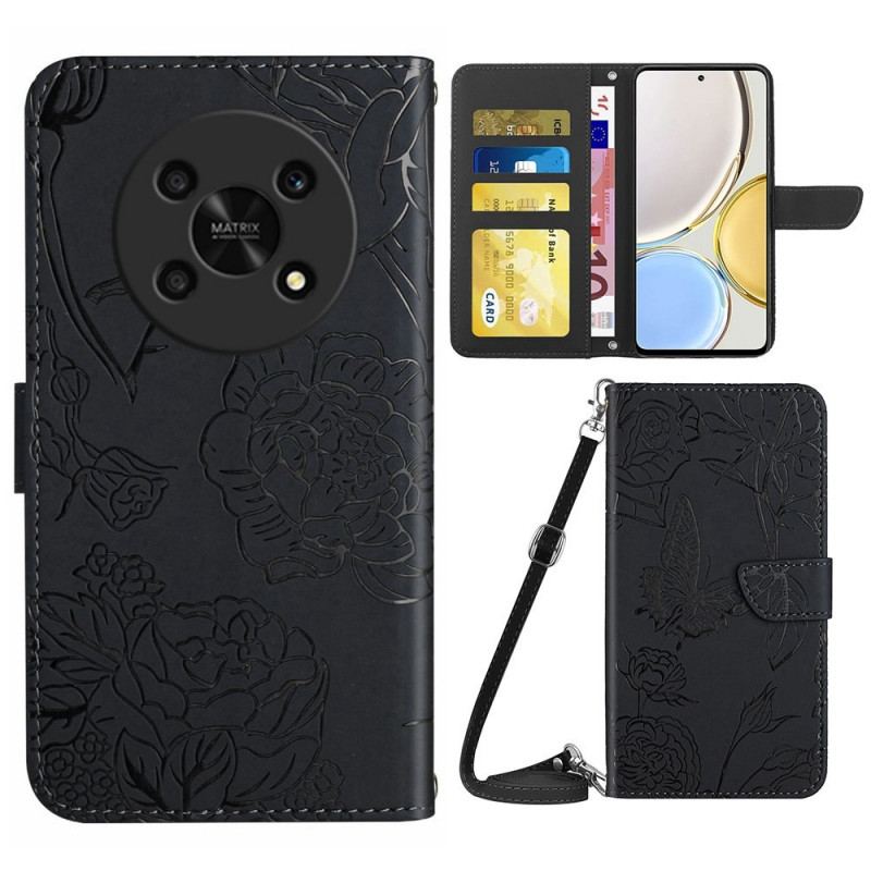 Capa Folio Para Honor Magic 4 Lite 5G Borboletas Com Alça De Ombro