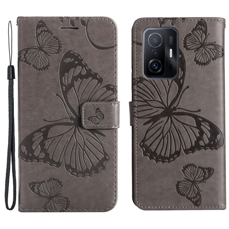 Capa De Couro Para Xiaomi 11T / 11T Pro De Cordão Borboletas Gigantes