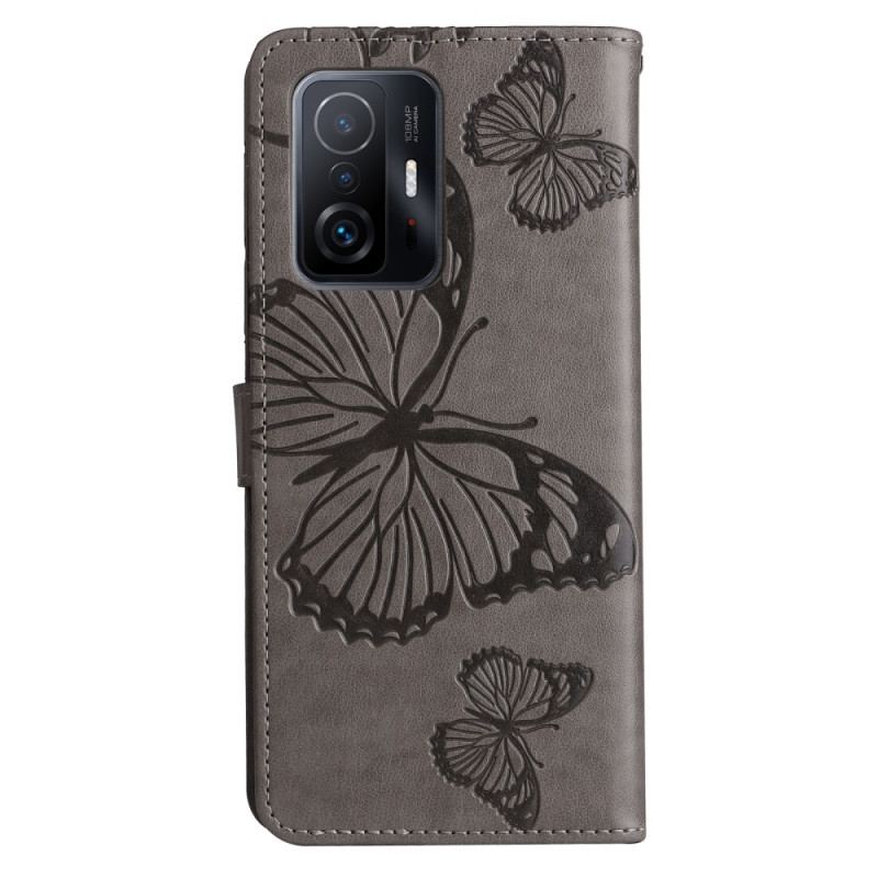 Capa De Couro Para Xiaomi 11T / 11T Pro De Cordão Borboletas Gigantes
