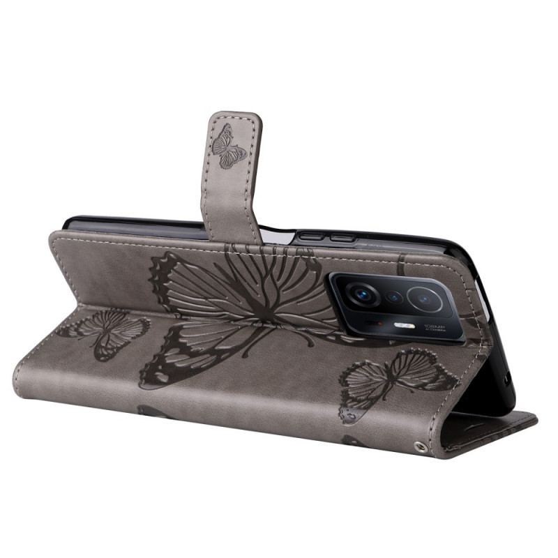 Capa De Couro Para Xiaomi 11T / 11T Pro De Cordão Borboletas Gigantes