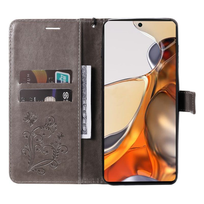 Capa De Couro Para Xiaomi 11T / 11T Pro De Cordão Borboletas Gigantes
