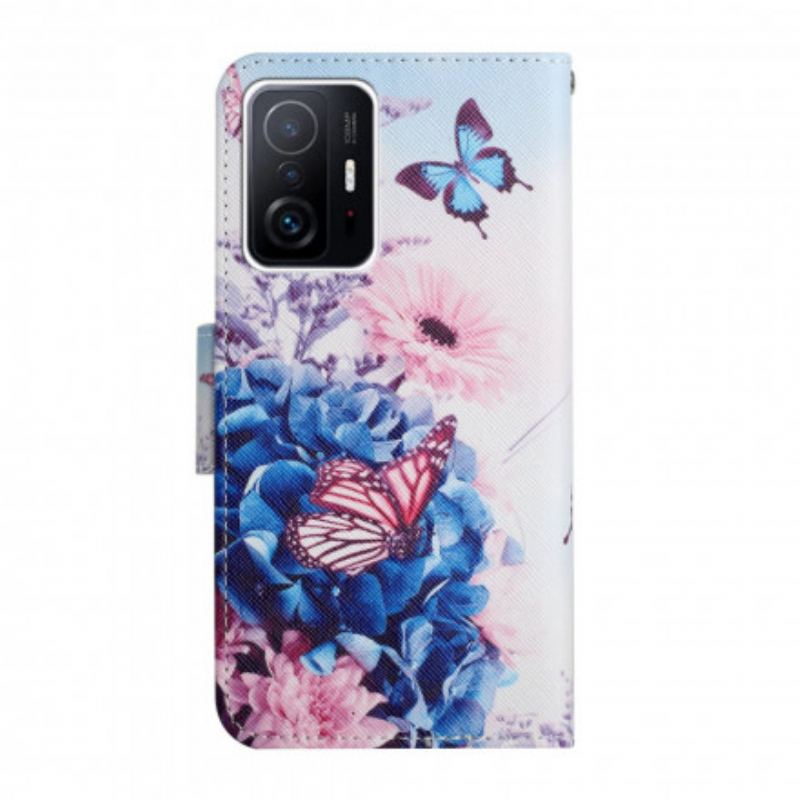 Capa Flip Para Xiaomi 11T / 11T Pro Buquê De Flores E Borboletas