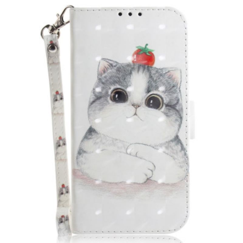 Capa De Couro Para Realme C35 De Cordão Gato E Morango Strappy