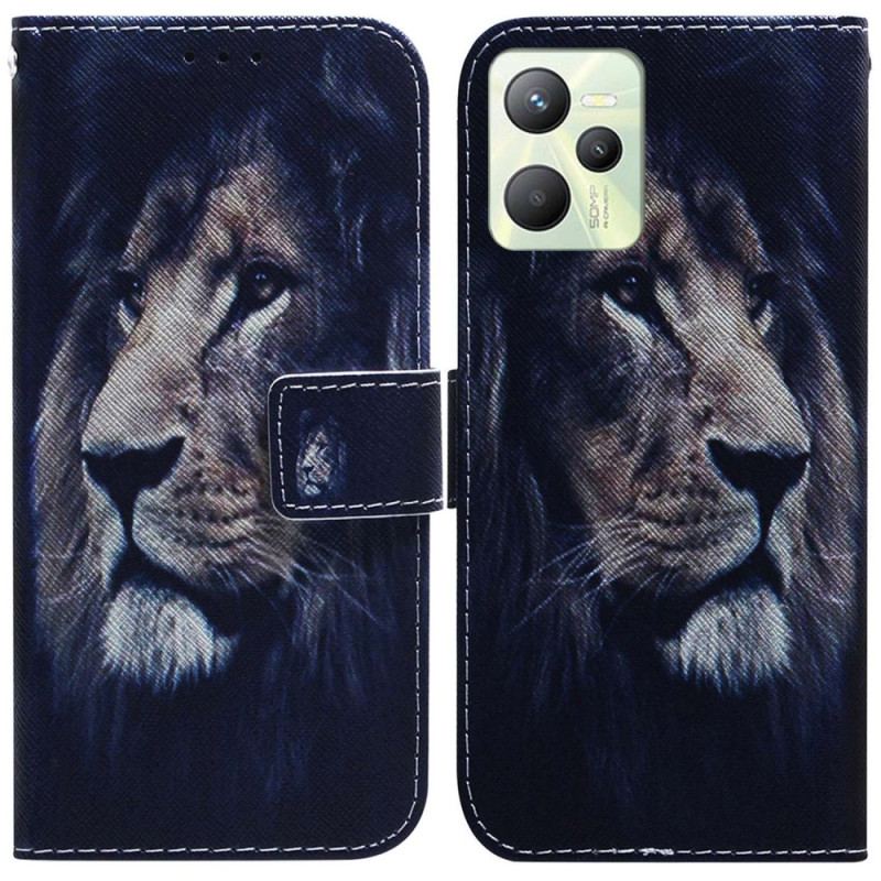 Capa De Couro Para Realme C35 Leão Da Noite