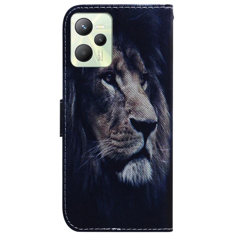 Capa De Couro Para Realme C35 Leão Da Noite