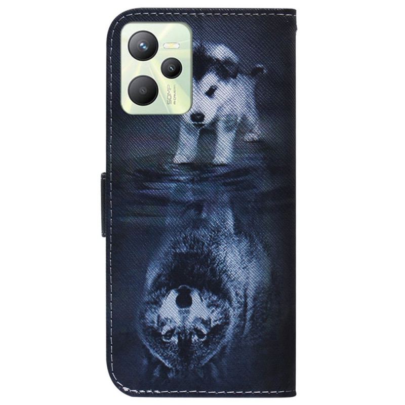 Capa Folio Para Realme C35 Cachorro Perspectiva Lobo