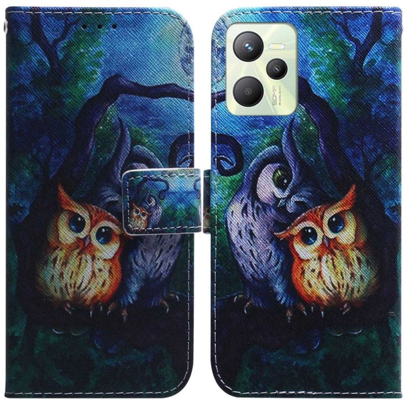 Capa Folio Para Realme C35 Corujas Pintando