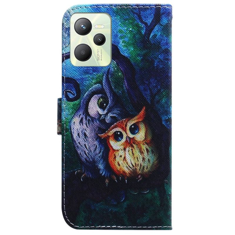 Capa Folio Para Realme C35 Corujas Pintando