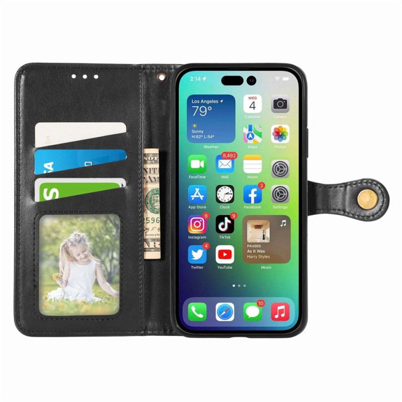 Capa De Couro Para iPhone 14 Pro Botão Magnético
