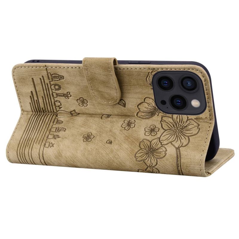Capa Em Pele Para iPhone 14 Pro De Cordão Estampa De Gato Com Tiras