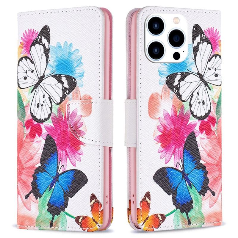 Capa Folio Para iPhone 14 Pro Aquarela Borboletas